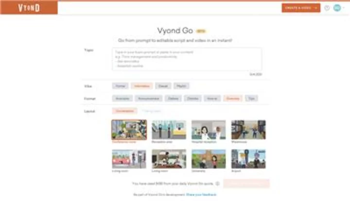 Creating Vibrant Business Videos in Seconds Starts Now: Breakthrough AI-Powered Script and Video Creator Now Available from Vyond